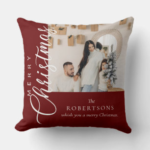 Burgundy Merry Christmas Photo Throw Pillow