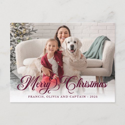 Burgundy Merry Christmas Pretty Calligraphy Photo Holiday Postcard