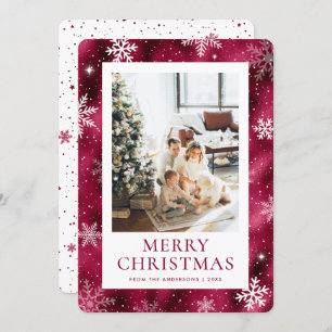 Burgundy Merry Christmas Snowflake Snow Photo Holiday Card
