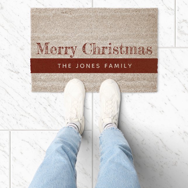 Burgundy Merry Christmas with Name on Burgundy  Fiber Doormat (Insitu)