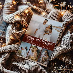 Burgundy Merry & Married 4 Photo Collage Christmas Holiday Card