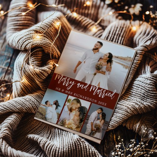 Burgundy Merry & Married 4 Photo Collage Christmas Holiday Card