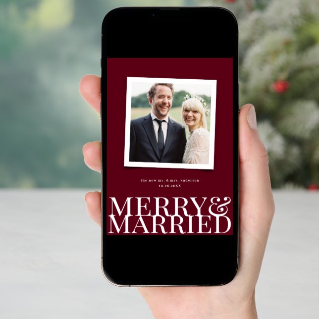 Burgundy Merry & Married Newlywed Christmas Photo Holiday Card (Front Digital)