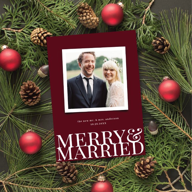 Burgundy Merry & Married Newlywed Christmas Photo Holiday Card (Creator Uploaded)