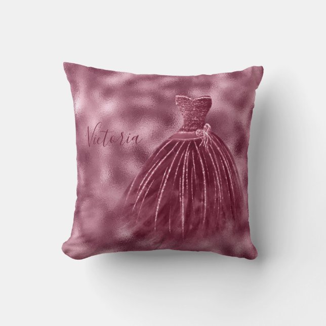 Burgundy Metallic Elegant Name Evening Gown  Throw Pillow (Front)