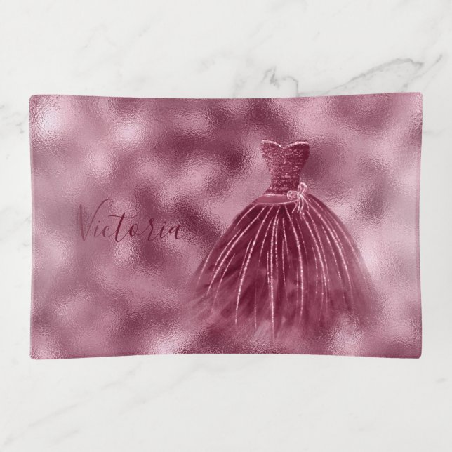 Burgundy Metallic Elegant Name Evening Gown Trinket Tray (Front)