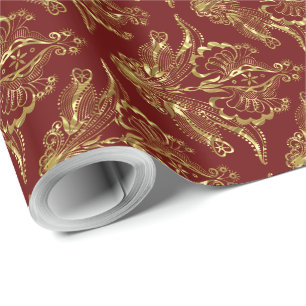 Burgundy & Metallic Gold Foil Look Floral Damasks Wrapping Paper