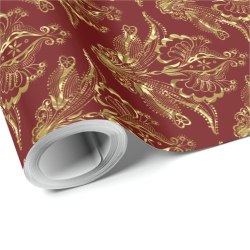 Burgundy  Metallic Gold Foil Look Floral Damasks Wrapping Paper
