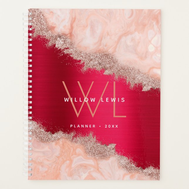 Burgundy Metallic Rose Gold Glitter Monogram Planner (Front)