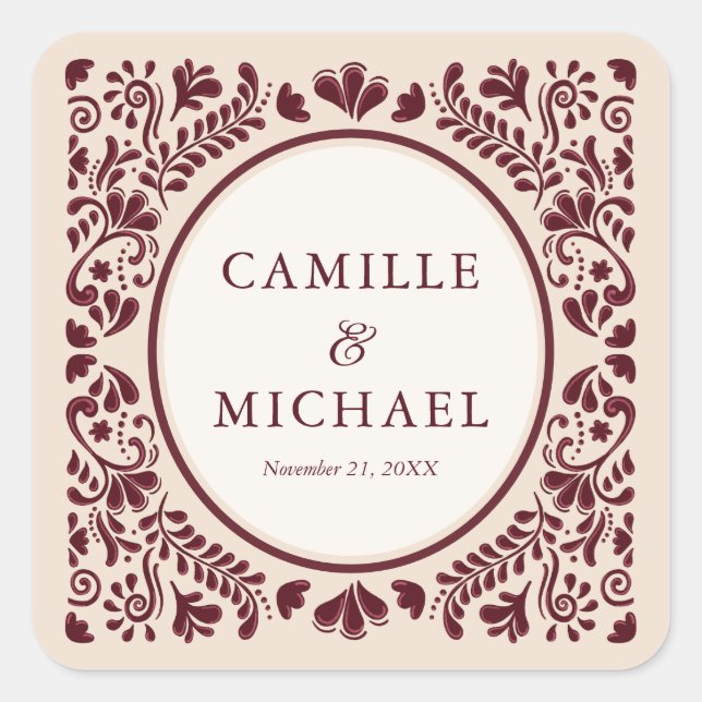 Burgundy Mexican Talavera Wedding Sticker (Front)