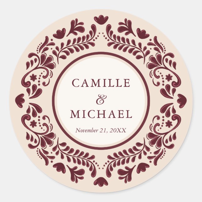 Burgundy Mexican Talavera Wedding Sticker (Front)