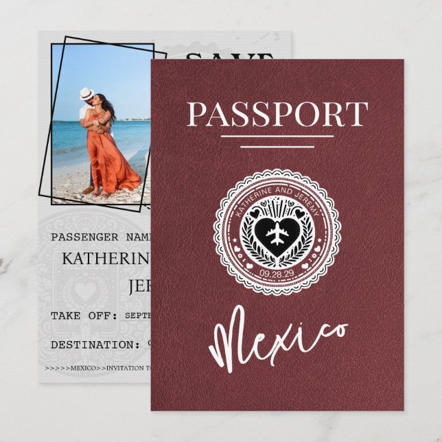 Burgundy Mexico Passport Save The Date (Front/Back)