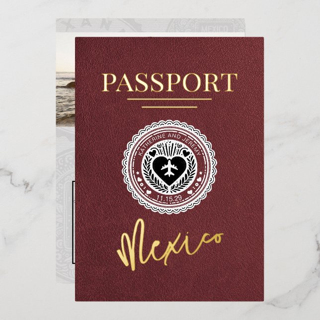 Burgundy Mexico Passport Wedding Foil Invitation (Front/Back)