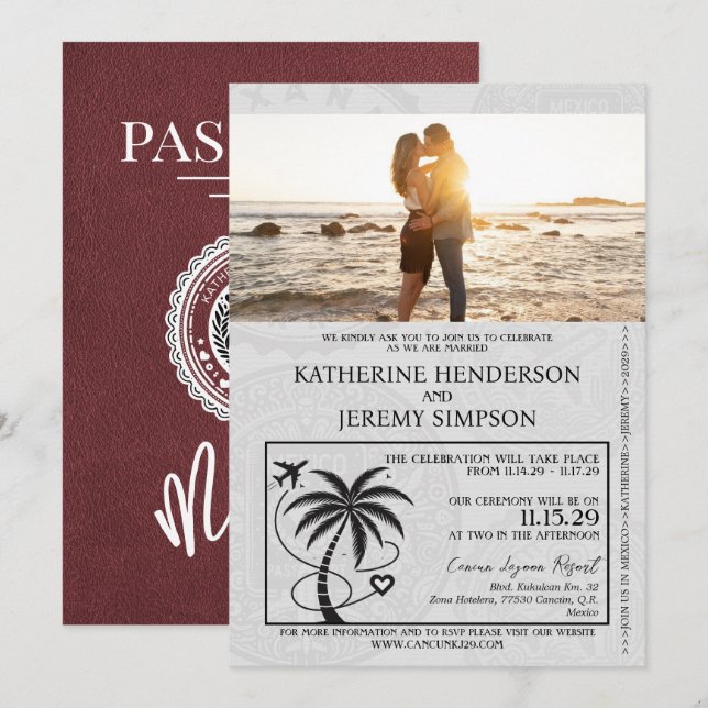 Burgundy Mexico Passport Wedding Invitation (Front/Back)