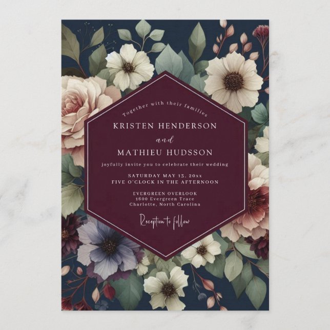 Burgundy Midnight Bloom Wedding Invitation (Front)