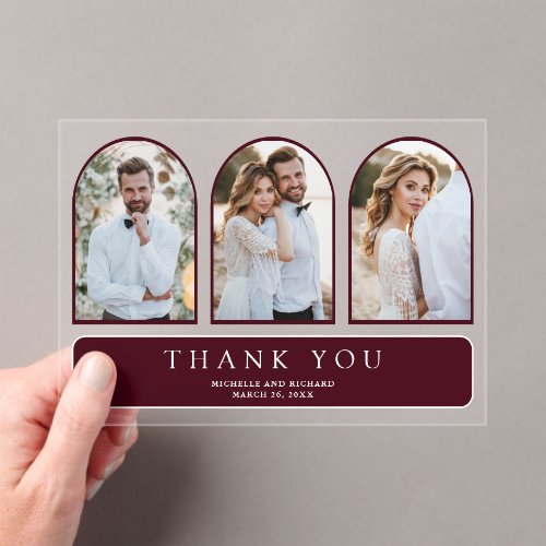 Burgundy Minimal Arch 3 Photo Wedding Thank You Acrylic Invitations