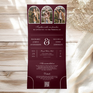 Burgundy Minimal Arch Photo QR code Wedding Tri-Fold Invitation