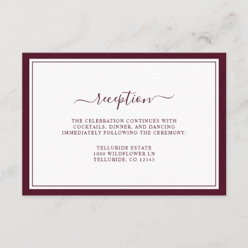 Burgundy Minimal Elegant Script Reception Wedding Enclosure Card