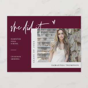 Burgundy Minimal Heart Photo She Did It Graduation Postcard