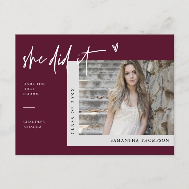 Burgundy Minimal Heart Photo She Did It Graduation Postcard (Front)