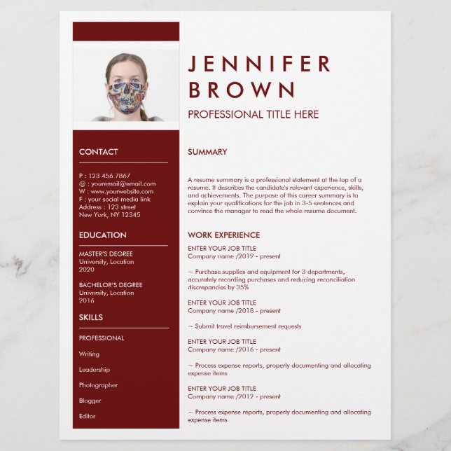 Burgundy Minimal resume cv with photography (Front)