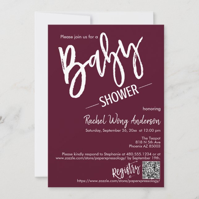 Burgundy Minimal Script Baby Shower QR Code Photo Invitation (Front)