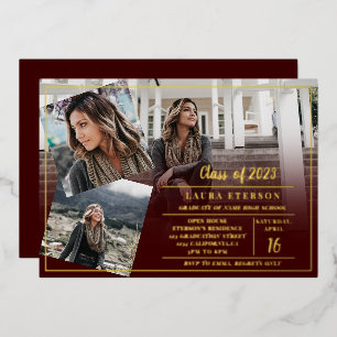 Burgundy minimalist 3 photos graduation foil invitation