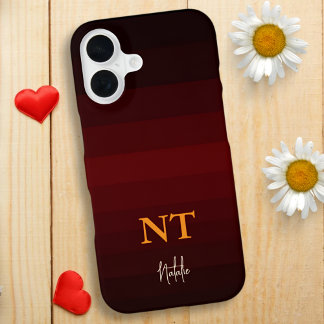 Burgundy Minimalist Color Stripes with Monogram iPhone 16 Case