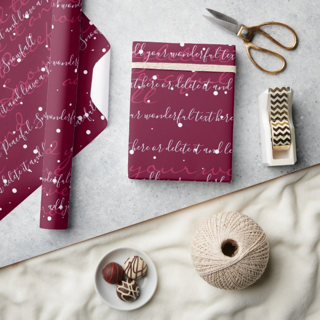Burgundy Minimalist Custom Script Text Snowfall Wrapping Paper (Crafts)