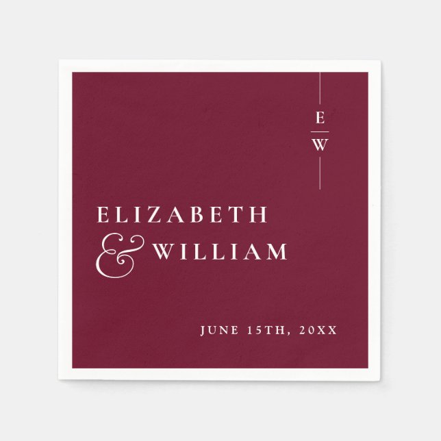 Burgundy Minimalist Elegant Monogram Wedding Napkins (Front)