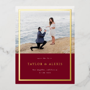 Burgundy Minimalist Frame Photo Save the Date Gold Foil Invitation Postcard
