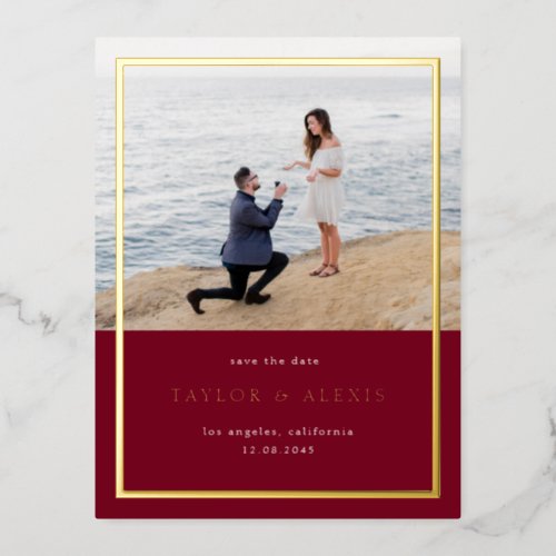 Burgundy Minimalist Frame Photo Save the Date Gold Foil Invitation Postcard