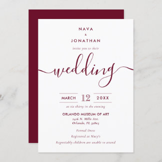 Burgundy Minimalist Modern Script Wedding Invitation