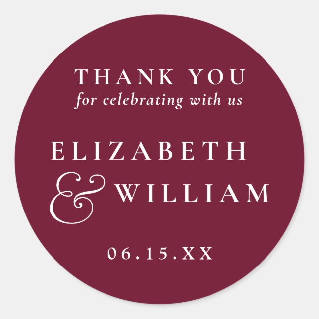 Burgundy Minimalist Monogram Wedding Thank You Classic Round Sticker (Front)