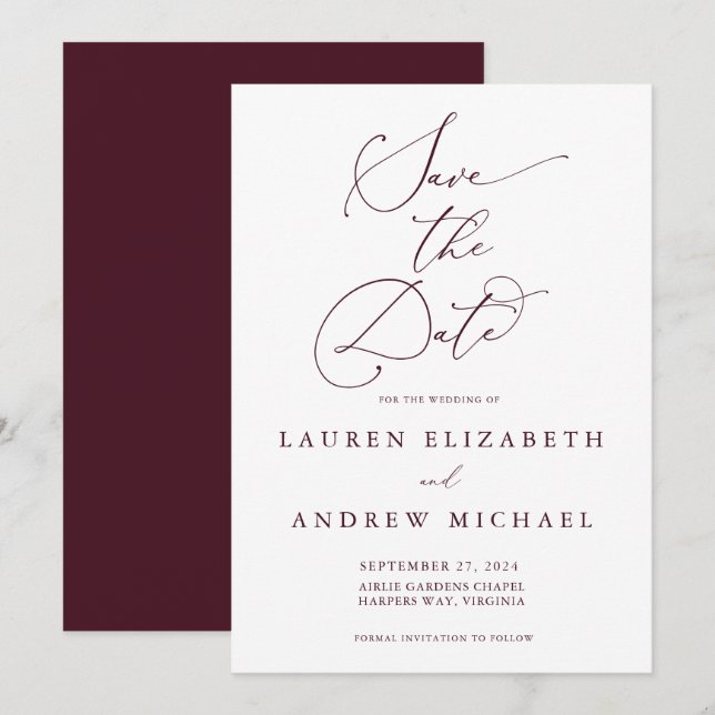 Burgundy Minimalist Save the Date Invitation (Front/Back)