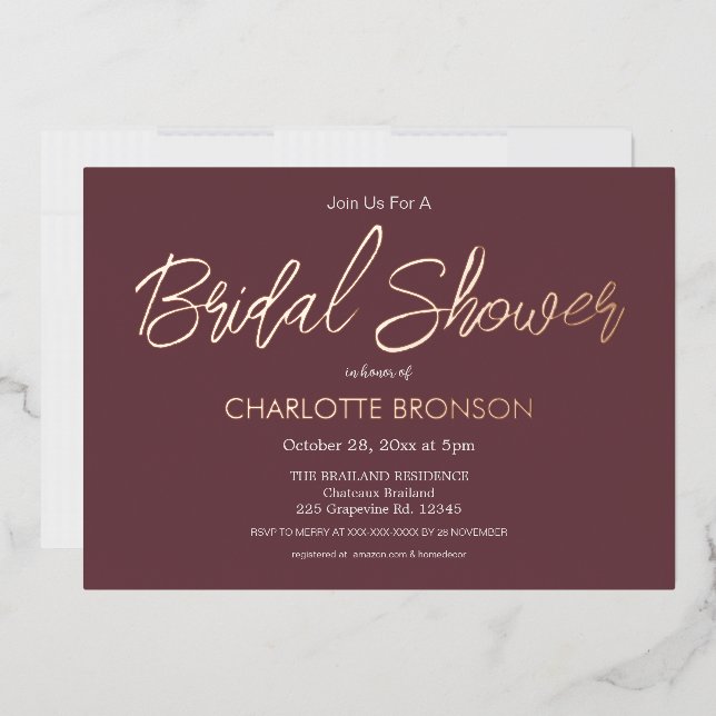 Burgundy Minimalist Script Bridal Shower Rose   Foil Invitation (Envelope)