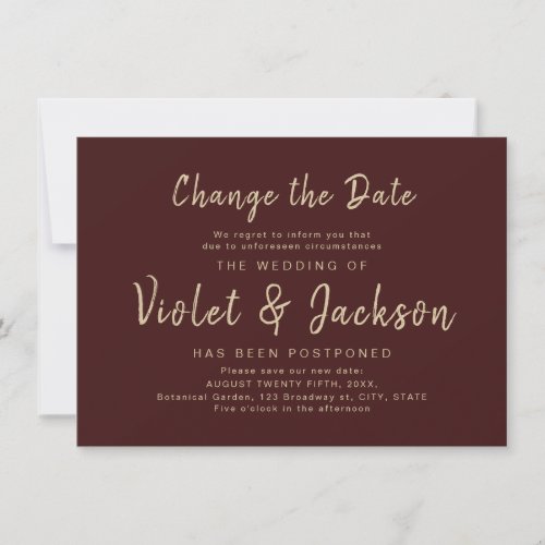 Burgundy minimalist script change the date wedding invitation