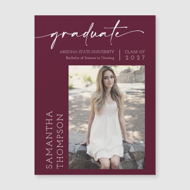 Burgundy Minimalist Script Photo Graduate Magnet (Front)