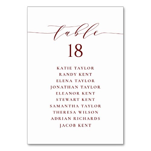 Burgundy Minimalist Script Wedding Seating Plan Table Number