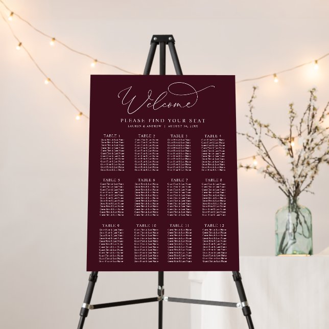 Burgundy Minimalist Seating Chart Solid Foam Board (In Situ (Stand))