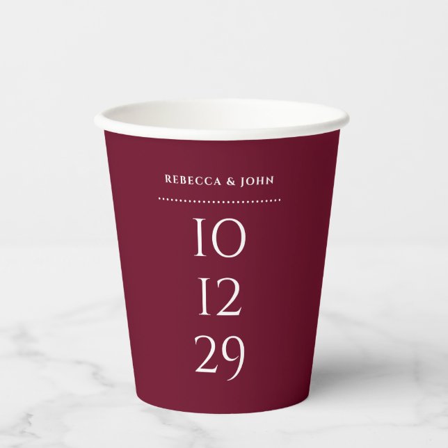 Burgundy Minimalist Special Date Wedding Paper Cups (Front)