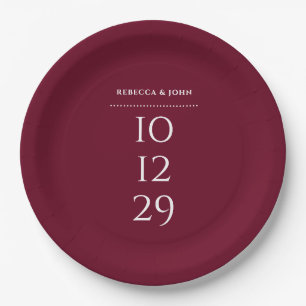 Burgundy Minimalist Special Date Wedding Paper Plates