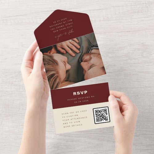 Burgundy Minimalist Wedding Photo QR Code RSVP All In One Invitation