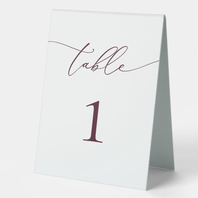 Burgundy Minimalist Wedding Table Number  Table Tent (Front)
