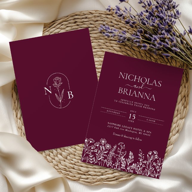 Burgundy Minimalist Wildflower Wedding Monogram  Invitation (Creator Uploaded)
