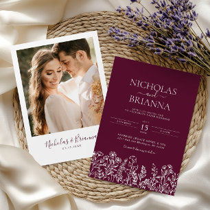 Burgundy Minimalist Wildflower Wedding Photo Invitation