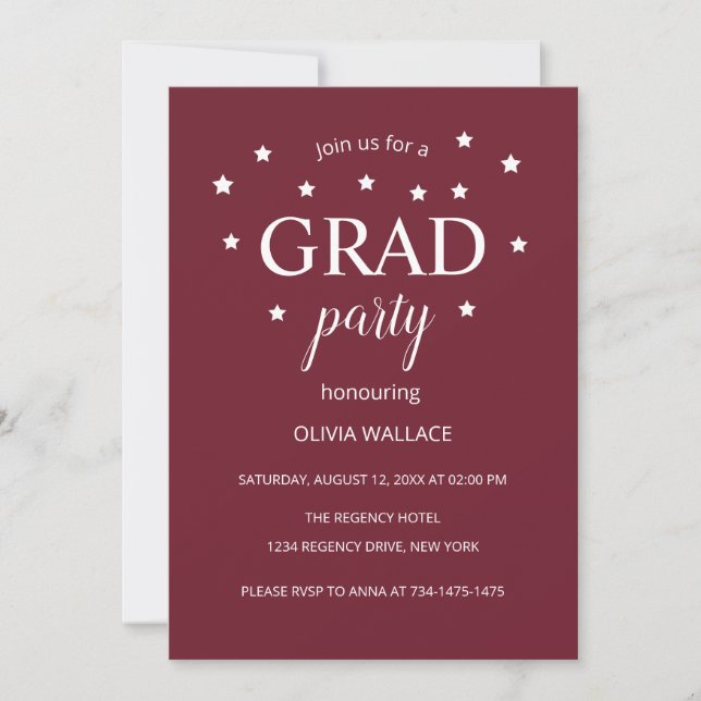 Burgundy Minimalistic Modern Graduation Party Invitation (Front)