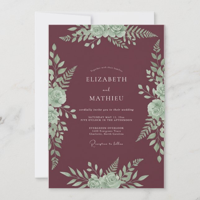Burgundy Mint Bloom Wedding Invitation (Front)