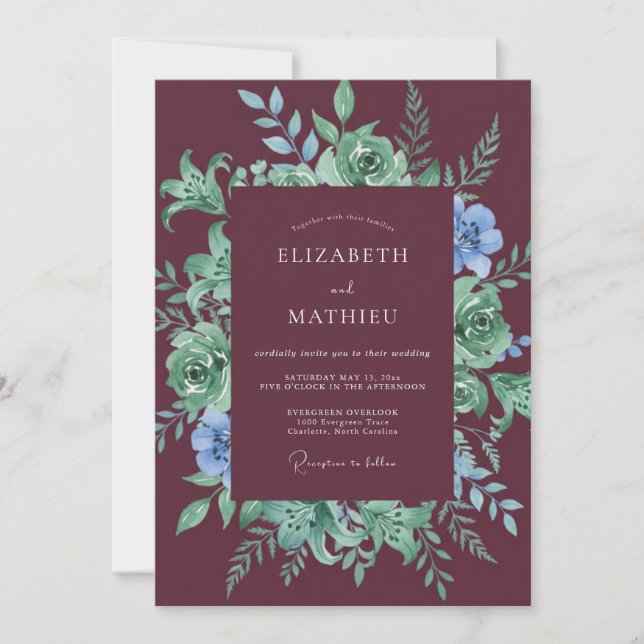 Burgundy Mint Floral Wedding Invitation (Front)