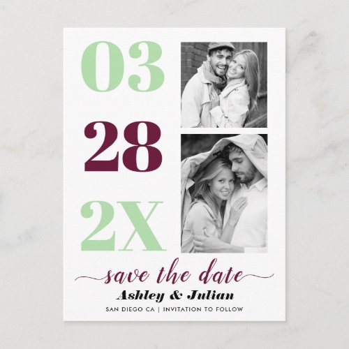 Burgundy mint green two photo Save the Date Postcard